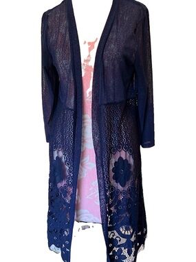 Forgotten Grace Duster Kimono Robe Floral Size S Open Front Cardigan Navy Sheer